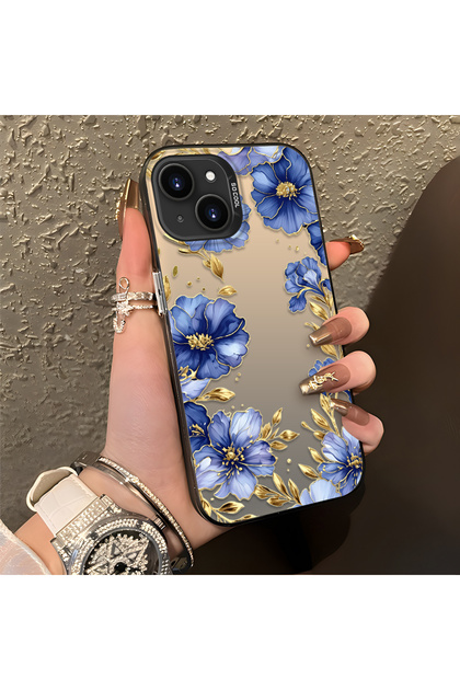 iPhone 15 Compatible Elegant Floral Case, Blue Flower Golden Branch Creative Flat Print