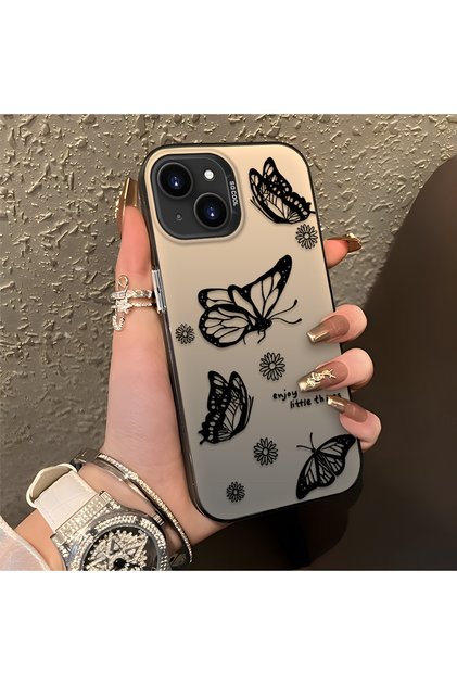 iPhone 15 Compatible Simple Feel Case, Line Butterfly Daisy English Slogan Pattern