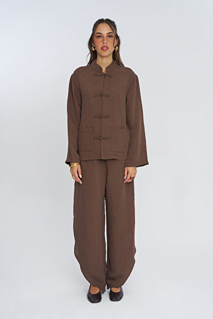 Women's Chinese Collar Authentic Button Detailed Striped Coffee Shirt