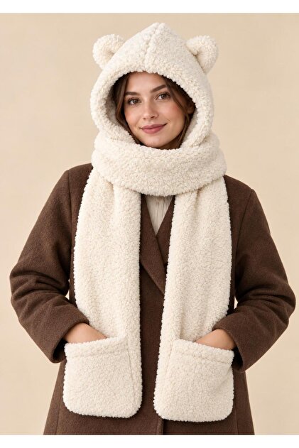 Women's Imported Teddy Plush Scarf with Ears, Hood, Pockets, and Winter Neck Warmer