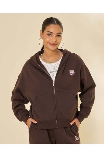 Women Brown Cropped Zip-Up Hooded Sweatshirt