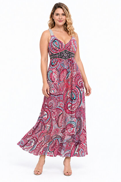 Women's Plus Size, Colorful, Embroidery and Decoration Detailed, Glitter Strap, Shawl Pattern Long Dress 65N39640