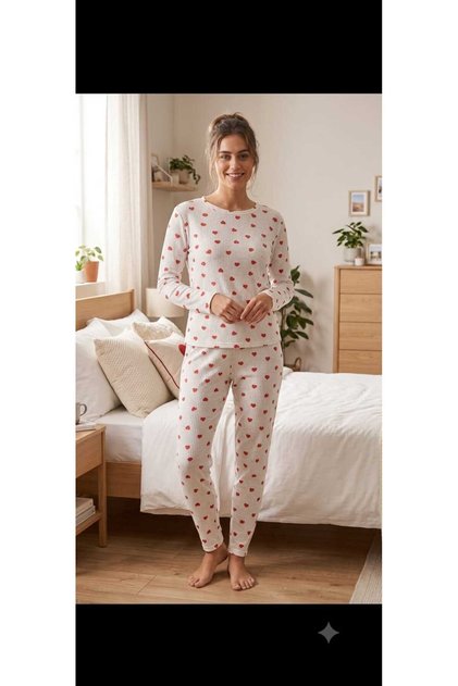 Gray Heart Patterned Ribbed Knitted Pajama Set
