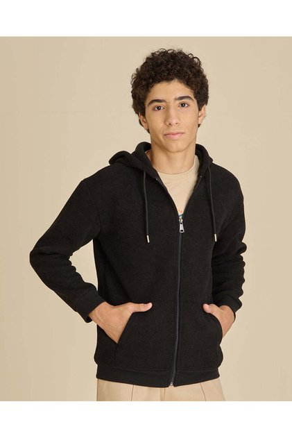 Senior Boys Black Plain Zip-Up Hooded Sweatshirt