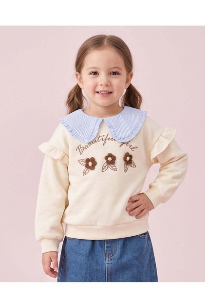 Girls Ivory 3D Floral Sweatshirt With Striped Collar