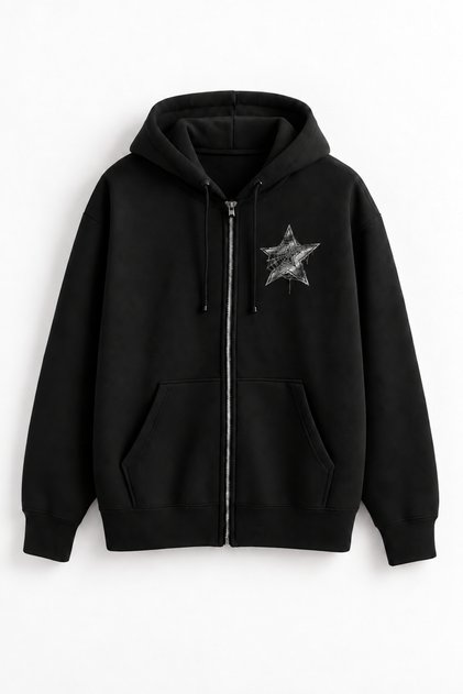 Star Printed Printed Sleeve Detail Unisex Zippered Cardigan