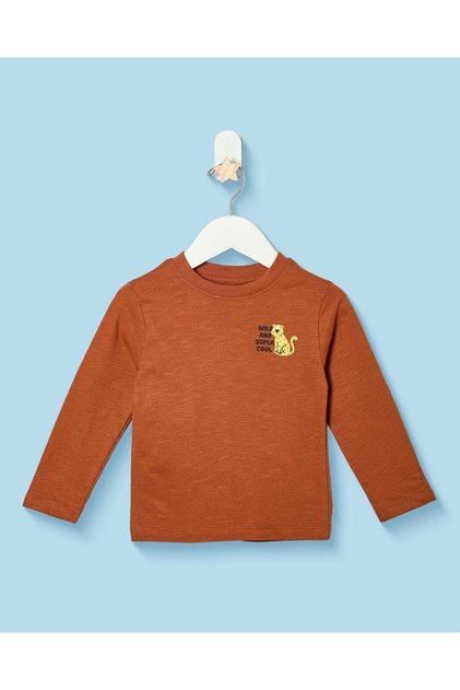Infant Boys Brown Printed Crew Neck T-Shirt