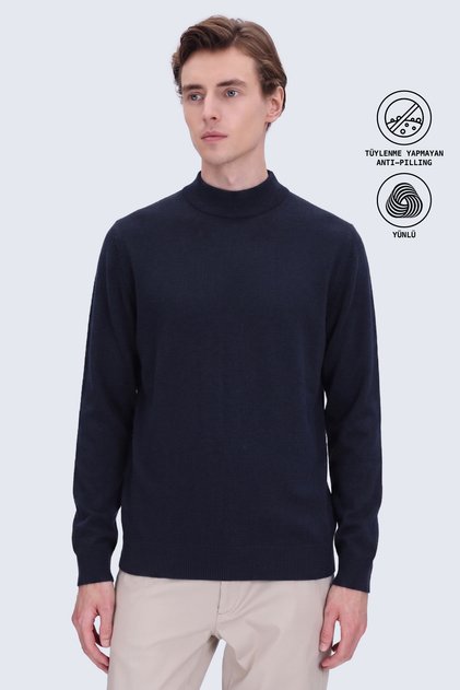 Anti-Pilling Wool Half-Turtleneck Regular Fit Navy Blue Sweater