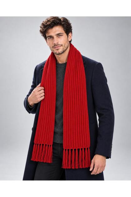 Men's Thessaloniki Knitted Knitwear Red Scarf, Soft Textured Winter Scarf with Tassels, Gift for Men
