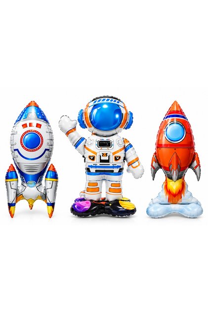 Set 3 Baloane Folie Astronaut și Rachete, Multicolor, 69 cm, 61 cm, 49 cm, Decor Petrecere Copii Tematică Spațiu