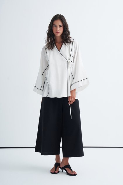 Women's Contrast Kimono Pants Set Ecru
