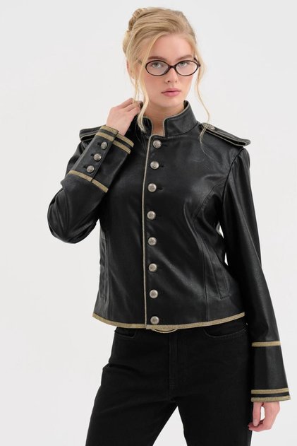 Women's Leather Napoleon Style Jacket with Detailed Interlining and Lined Design