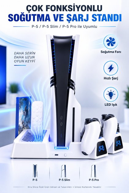 PS5 PS5 Slim PS5 Pro Uyumlu Çok Fonksiyonlu Soğutma ve Şarj Standı Çift Kol Şarjlı LED USB Type-C