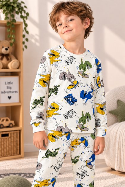 Patterned Crew Neck 100% Cotton Interlock Fabric Boys' Long Sleeve Pajama Set
