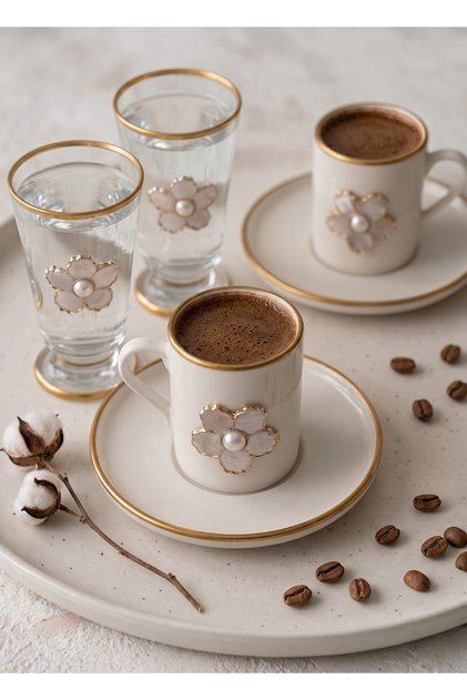 İnci 2-Person Decorated Coffee Set with 6 Pieces and Coffee Side Water Glasses