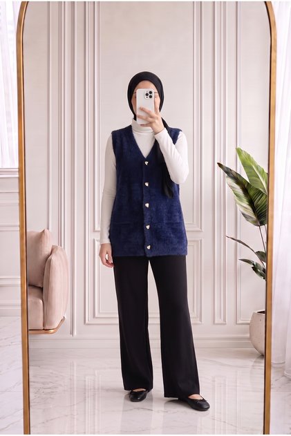 Enuna Gold Buttoned Angora Vest-Kr5028 Navy Blue