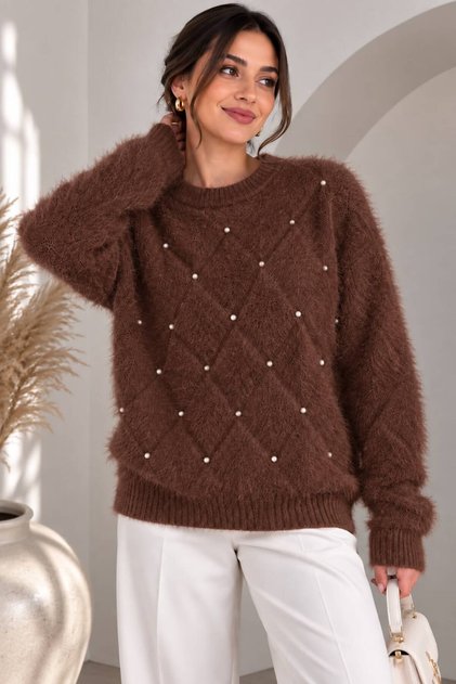 Women's Bearded Thread Pearl Stone Detailed Diamond Patterned Knitwear Sweater