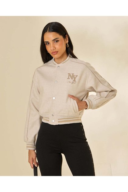 Women Beige Embroidered Bomber Jacket