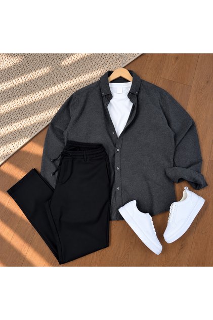 Men's Long Sleeve Regular Fit Melange Fabric Seasonal Shirt & Jogger Pants 2-Piece Set