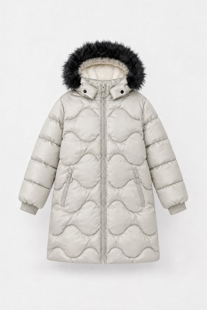 Girl's Hooded Furry Long Quilted Winter Puffer Coat - Cream