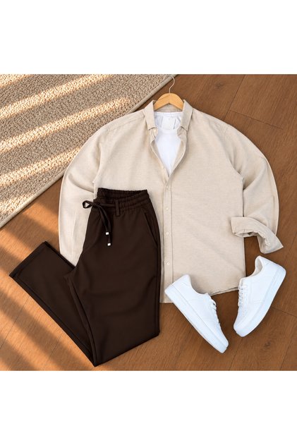 Men's Long Sleeve Regular Fit Melange Fabric Seasonal Shirt & Jogger Pants 2-Piece Set