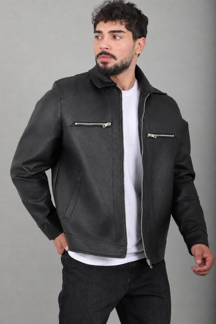 Palton din piele artificială cu guler și buzunar la piept KMD 879_50521