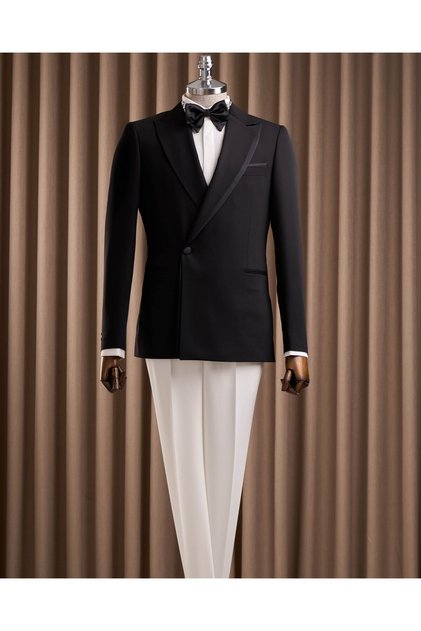 Slim Fit Men's Lapel Detailed Jacket Pants Combination Suit Black T20148-01