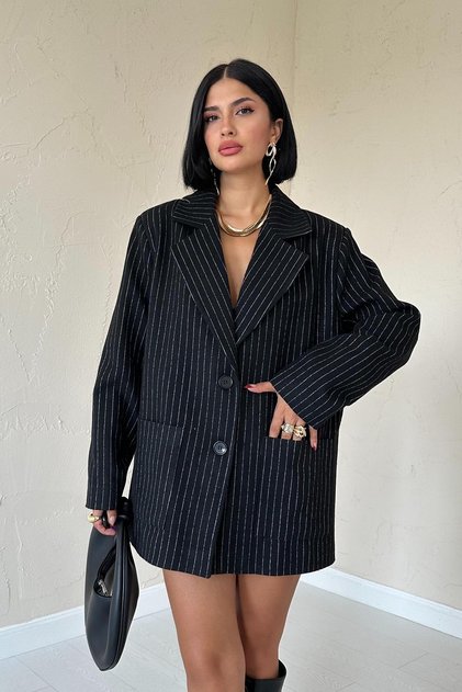 Çizgili Oversize Blazer Ceket Kadın Uzun Kollu Şık Ofis Ceketi