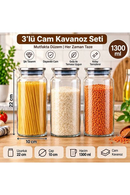 3-Piece Vacuum Glass Storage Container with Metal Lid 1300 Cc Pulses Storage Container Jar Set
