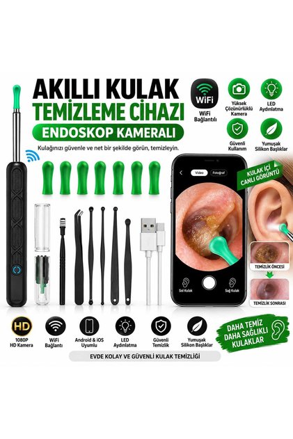 Akıllı Kulak Temizleme Cihazı-Endoskopik Kameralı-WiFi ve Mobil Uygulama Uyumlu-Kulak Temizleme Çözümü