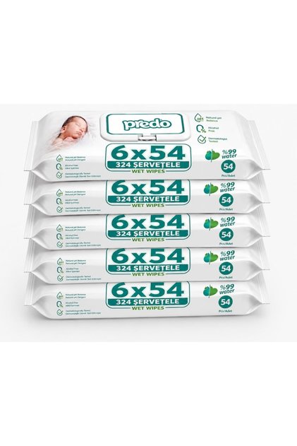 Șervețele umede cu 99% apă, cu loțiune delicată, 6 pachete x 54 șervețele, 324 bucăți