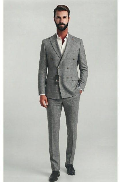 Men's Gray Plaid Patterned Slim Fit Double Breasted Suit