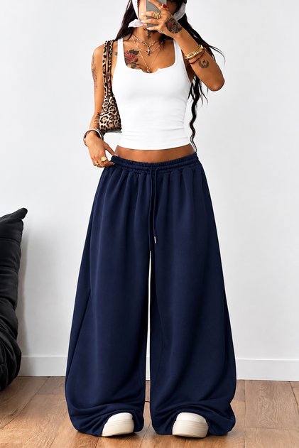 Draw Navy Blue Extra Loose Wide Leg Adjustable Elastic Lace-Up 2 Thread Oversize Sweatpants
