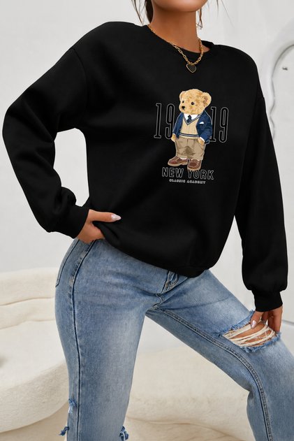 Kadın 1919 New York Özel Tasarım Rahat Kalıp Bisiklet Yaka Siyah Sweatshirt