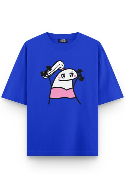 Dumbbell Girl Front Printed Oversize T-Shirt Blue