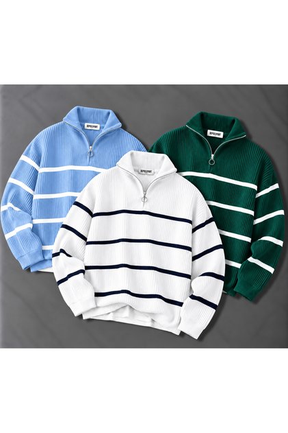 Women's 3-Piece Thessaloniki Knitted Half-Zip Striped Knitwear Sweater High Collar Winter