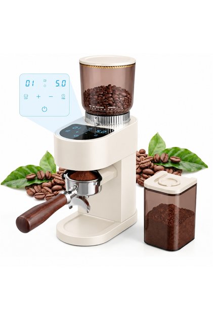 White Electric Burr Coffee Grinder, Coffee Bean Grinder with Digital Display, Adjustable Grind Size, 300g Hopper, Portafilter Holder 51mm/58mm, Espresso Grinder for Home Kitchen and Coffee Baristas