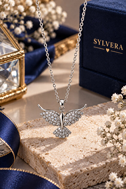 Angel Wings Stone Angel Wing Steel Necklace (Silver Color)