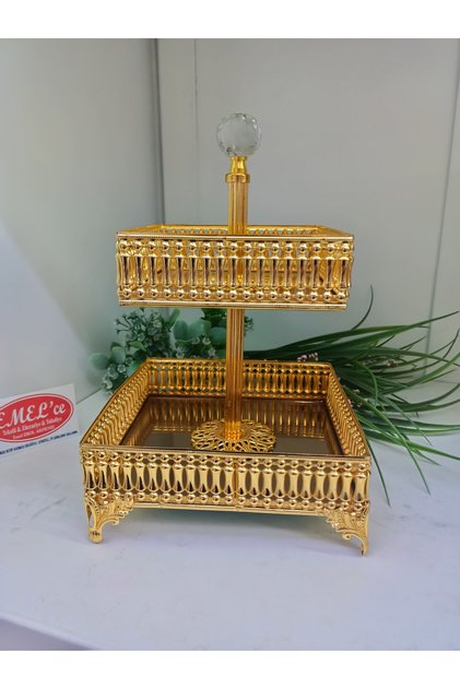 İki Katlı Sunumluk Kurabiyelik Gold Renk, Bronz aynalı