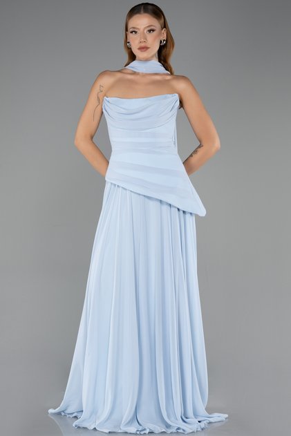 Buz Mavisi Straplez Peplum Kesim Uzun Şifon Abiye Elbise ABU5763