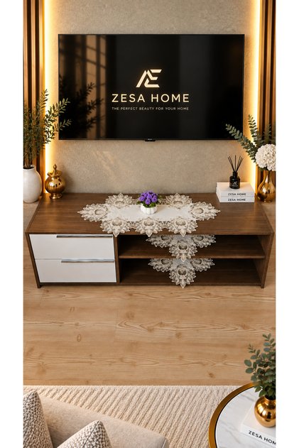 Lüks Fransız Dantelli, Keten Gardenya, 3 Parça TV Ünite Örtüsü, Salon Takımı