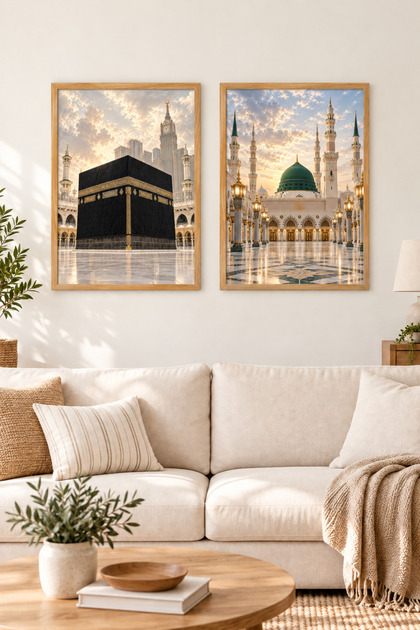 Kabe ve Medine Temalı İslami 2’li Ahşap Çerçeveli Duvar Tablosu Seti