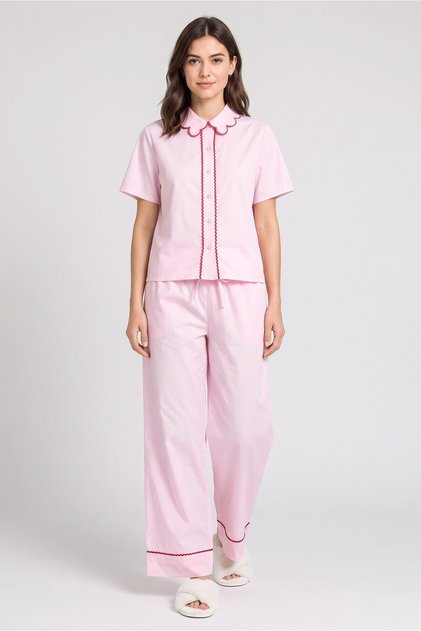 Women 2 Pieces Textured Short Sleeve Shirt And Pants Pajama Set, Pink
