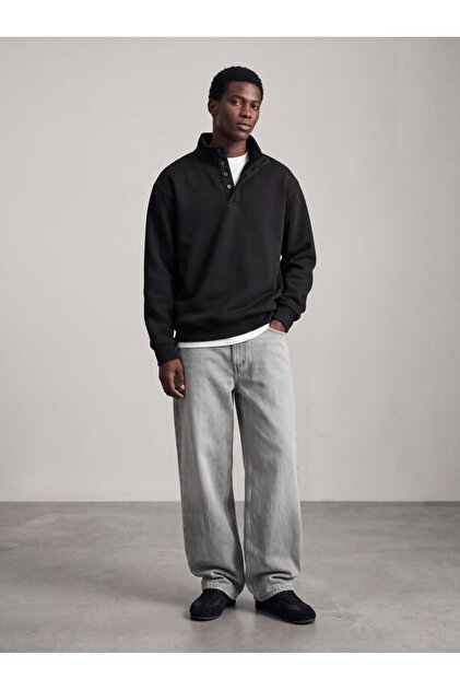 Regular Fit High Collar Black Sweatshirt with Button Detail