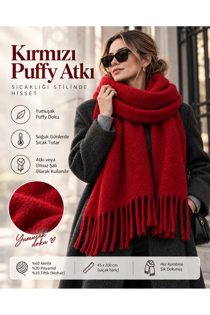 Puffy Red Women's Scarf Shawl Soft Textured Tasseled Winter Shoulder Shawl 45X200 cm