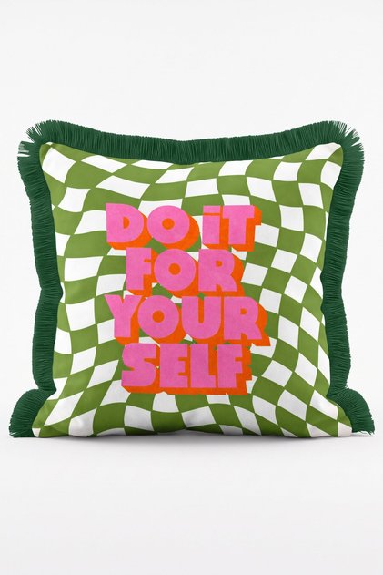 Do It for Yourself Written Green and White Checkered Retro Fringed Throw Pillow Cover