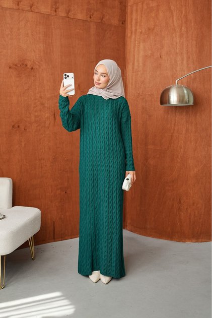 Hair Braid Patterned Knitwear Dress - Relaxed Fit Oversize Long Knitted Dress