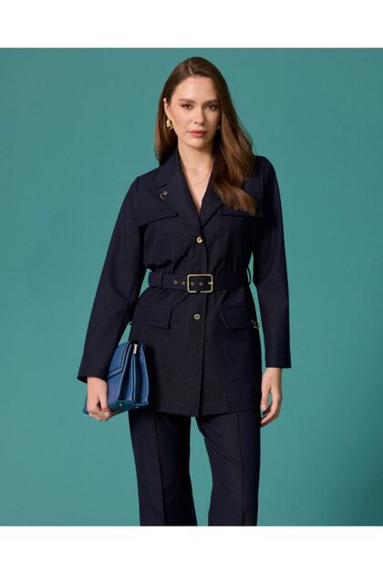 Yeni kemerli cep detaylı uzun blazer ceket 10002622211006