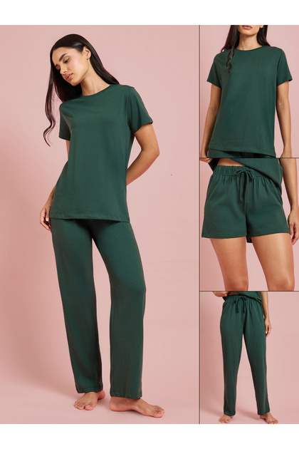 Pack Of 3 - Solid Short Sleeve T-Shirt, Shorts And Pyjama Set