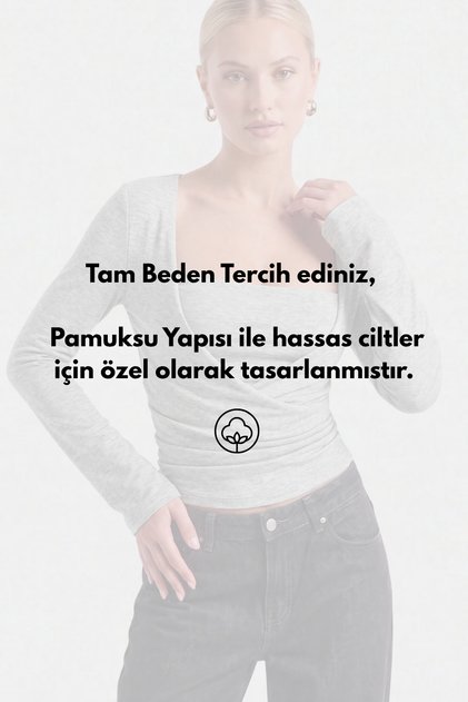 Kare Yaka Büzgülü Bele Oturan %97 Pamuk Uzun Kol Bluz - Beyaz 3
